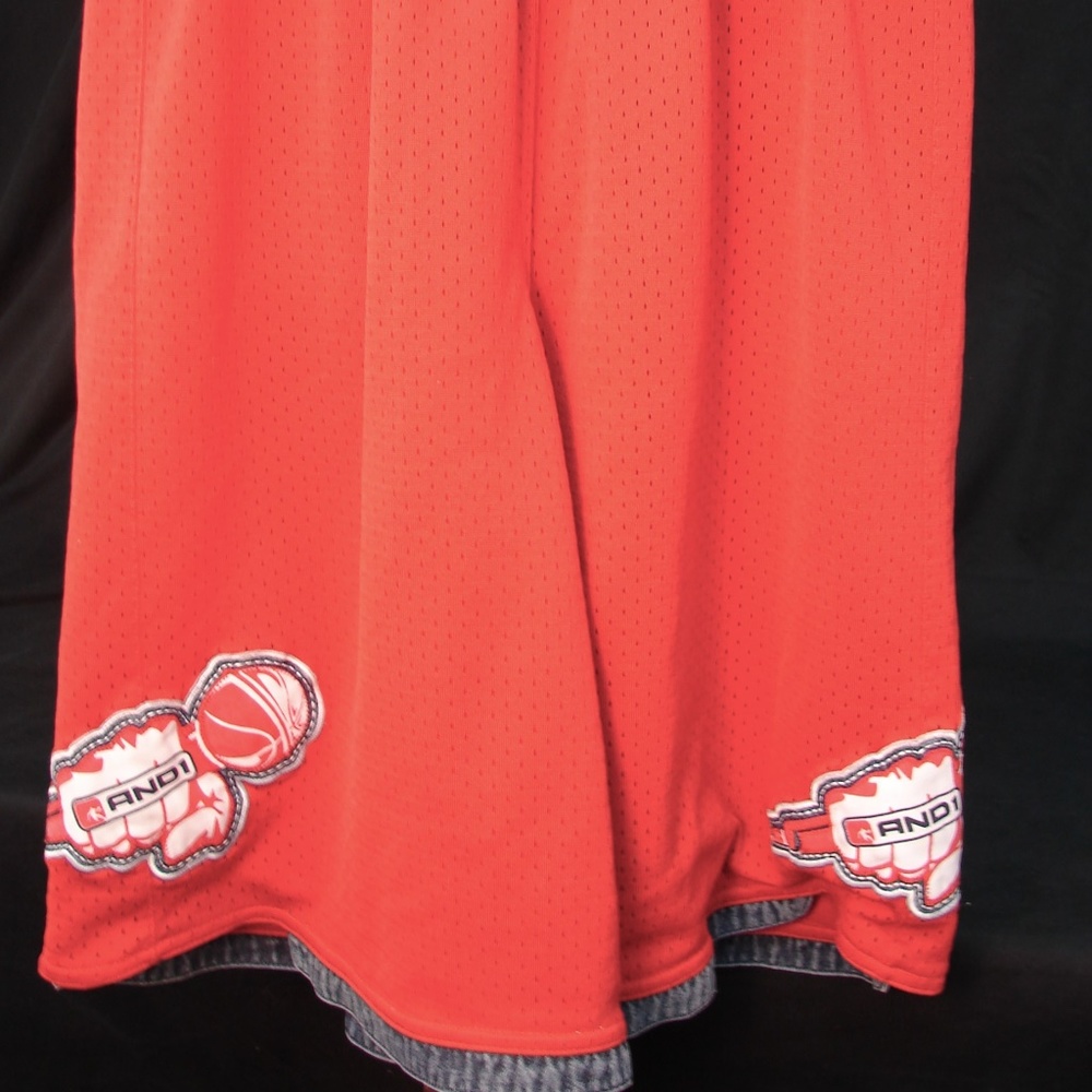 AND1 Mens Basketball Shorts, Red with Denim Trim
